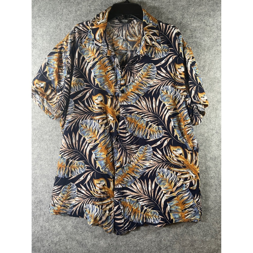 Coofandy Mens Short Sleeve Tropical Leaf Print Button Down Shirt Navy Gold Large